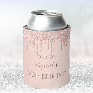 50th birthday party blush rose gold glitter drips can cooler