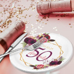 50th birthday party burgundy florals gold white paper plate<br><div class="desc">A plate for a 50th birthday party. A chic white background with a faux gold geometric frame. Decorated with dark purple and burgundy flowers, roses and boho style feathers. Templates for a name, age 50 and a date. Date of birth or the date of the party. The name is written...</div>