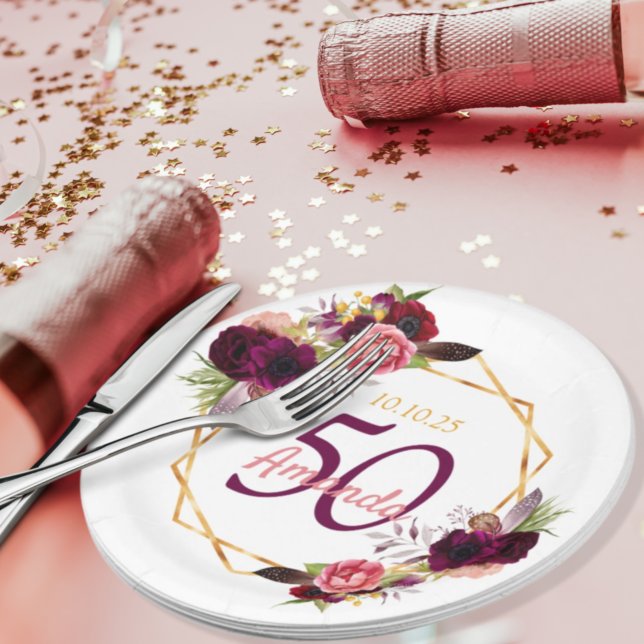 50th birthday party burgundy florals gold white paper plate (Creator Uploaded)