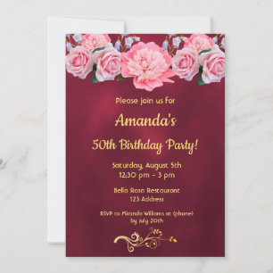 50th birthday party burgundy pink flowers invitation