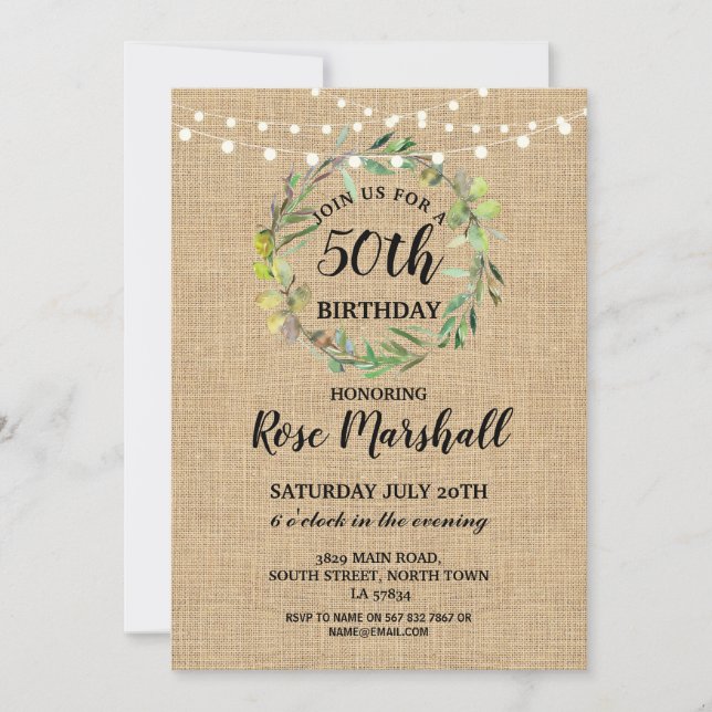 50th Birthday Party Burlap Greenery Wreath Invite (Front)