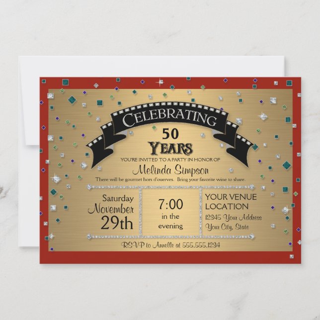 50th Birthday Party Celebrate Faux Jewel Confetti Invitation (Front)