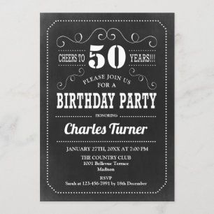 50th Birthday Party - Chalkboard Black White Invitation