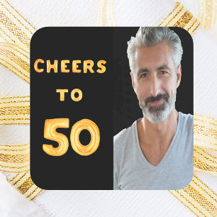 50th birthday party cheers to 50 gold balloon text square sticker