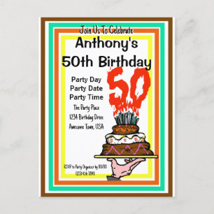 50th Birthday Party Chocolate Cake Retro Colours Postcard