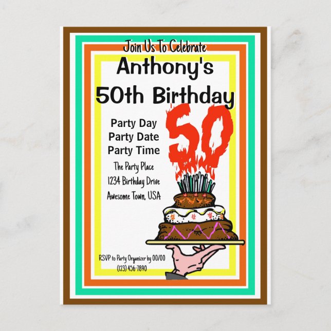 50th Birthday Party Chocolate Cake Retro Colours Postcard (Front)