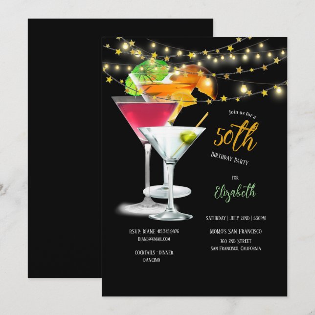 50th Birthday Party, Cocktail Glasses & Garnishes  Invitation (Front/Back)