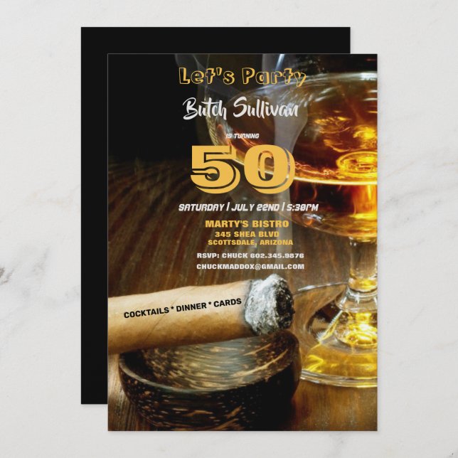 50th Birthday Party, Cocktails & Cigars Invitation (Front/Back)