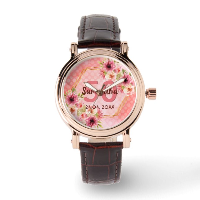 50th birthday party coral gold dahlia flowers watch (Front)