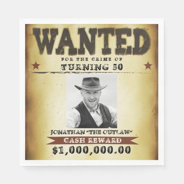50th Birthday Party Cowboy Theme Wanted Poster Napkin (Front)