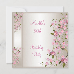 50th Birthday Party Cream Silk Pink Blossom Invitation