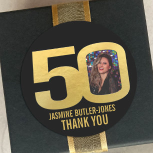 50th birthday party custom photo gold favor classic round sticker