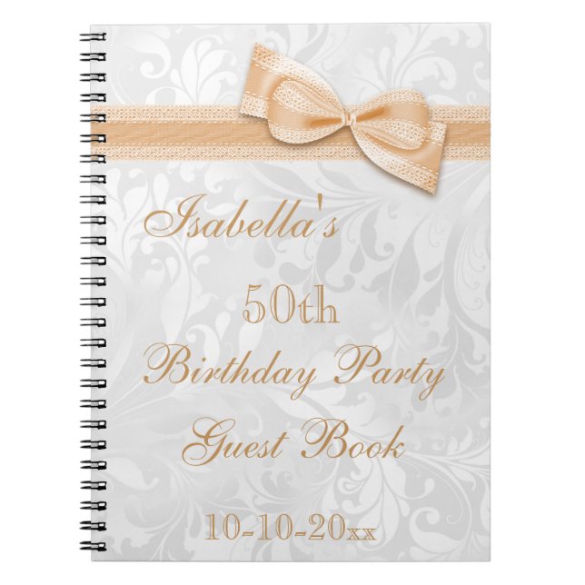 50th Birthday Party Damask and Bow Notebook (Front)