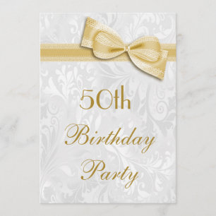 50th Birthday Party Damask and Faux Bow Invitation
