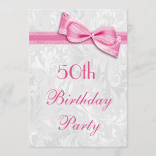 50th Birthday Party Damask and Pink Faux Bow Invitation