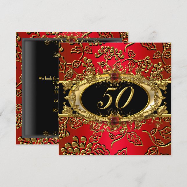 50th Birthday Party Damask Red Gold Black Invitation (Front/Back)