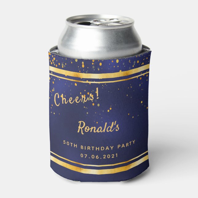 50th Birthday party dark navy blue gold cheers Can Cooler (Can Front)
