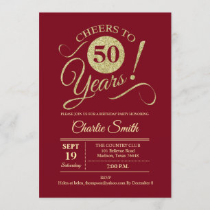 50th Birthday Party - Dark Red Gold Invitation