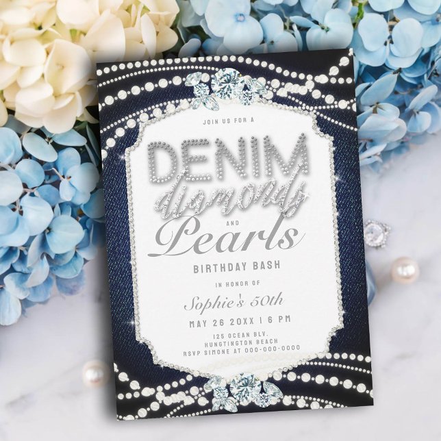 50th Birthday Party Denim Diamonds Pearls Frame Invitation (denim and diamonds pearls 50th birthday invitations women elegant frame classy bling glitz glam chic)