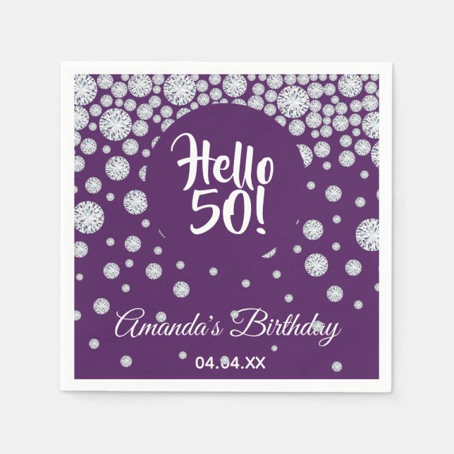 50th birthday party diamonds on purple hello 50 napkin (Front)