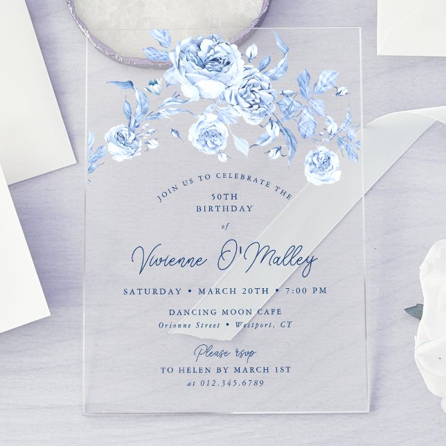 50th Birthday Party Dusty Blue Floral Acrylic Invitations (Creator Uploaded)