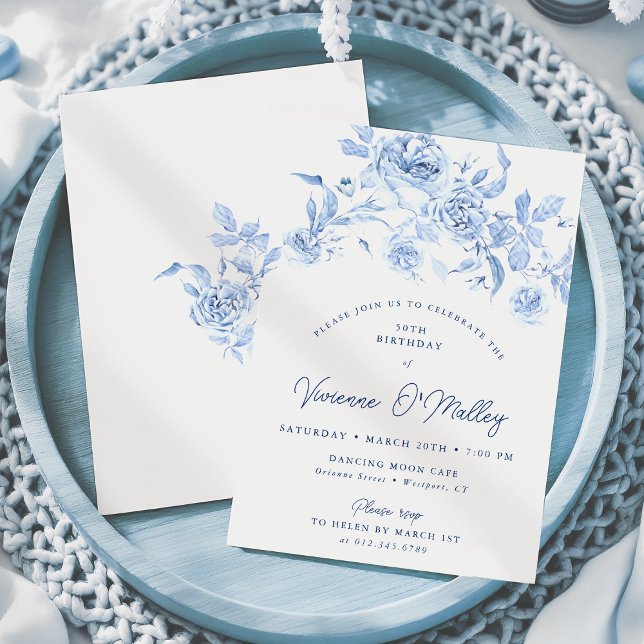 50th Birthday Party Dusty Blue Floral Invitation (Creator Uploaded)