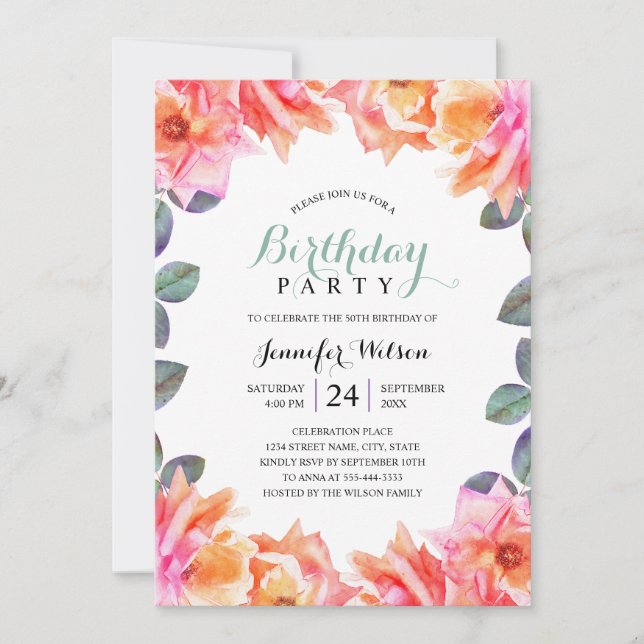 50th Birthday Party Elegant Adult Watercolor Roses Invitation (Front)