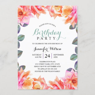 50th Birthday Party Elegant Adult Watercolor Roses Invitation