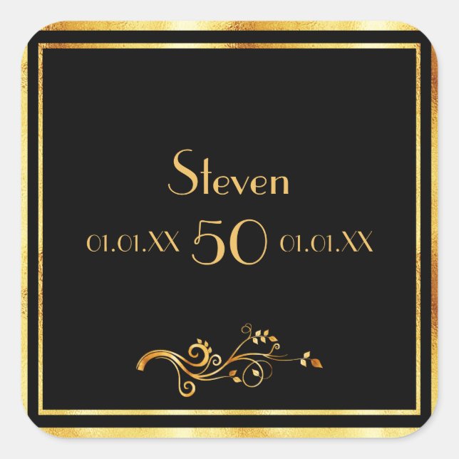 50th birthday party elegant black and gold square sticker (Front)