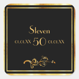 50th birthday party elegant black and gold square sticker