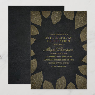 50th Birthday Party Elegant Black Gold Leaves Invitation