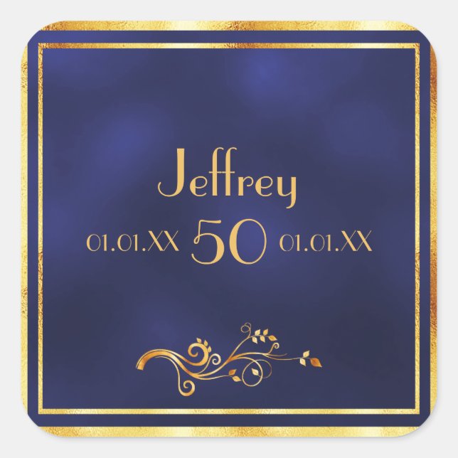 50th birthday party elegant blue and gold square sticker (Front)