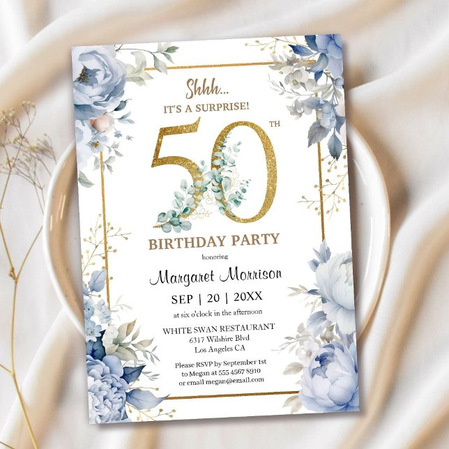 50th Birthday Party Elegant Dusty Blue Floral Invitation (Creator Uploaded)