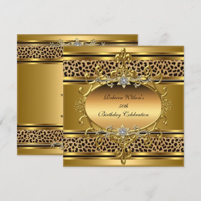 50th Birthday Party Elegant Gold Black Leopard 4 Invitation (Front/Back)