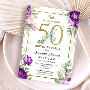 50th Birthday Party Elegant Gold Purple Peony Invitation