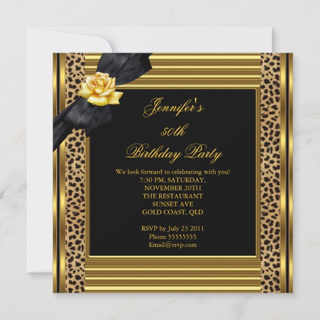 50th Birthday Party Elegant Leopard Gold Black Invitation (Front)