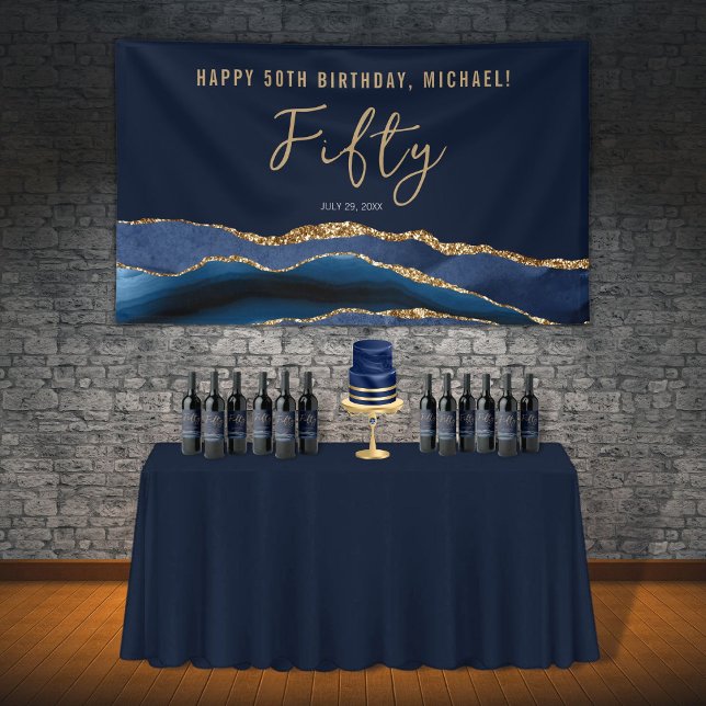 50th Birthday Party Elegant Navy Blue Gold Agate Banner (Creator Uploaded)