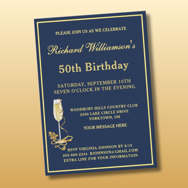 50th Birthday Party Elegant Navy Gold Invitation (Creator Uploaded)