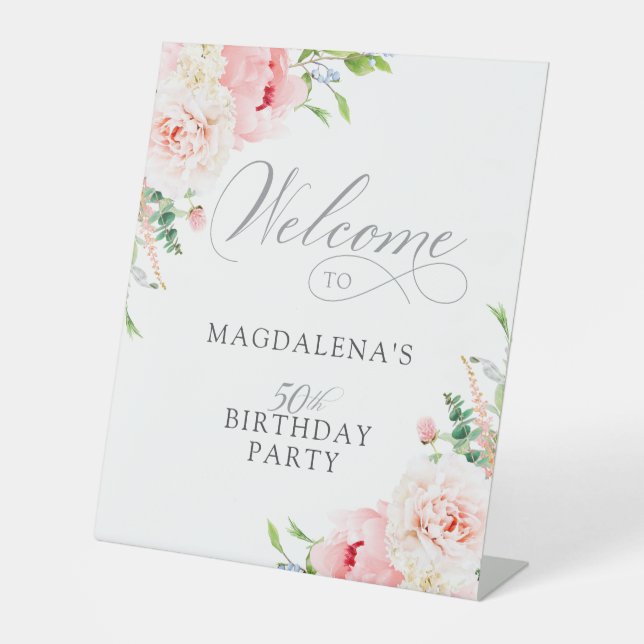 50th Birthday Party Elegant Pink Floral Welcome Pedestal Sign (Front)