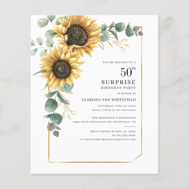 50th Birthday Party Eucalyptus Sunflower Invites (Front)