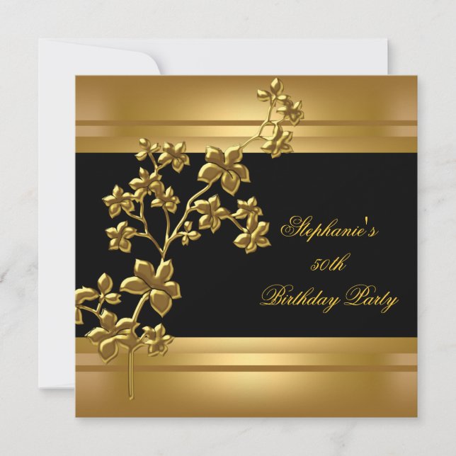 50th Birthday Party Exotic Gold Black Floral Invitation (Front)