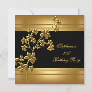 50th Birthday Party Exotic Gold Black Floral Invitation