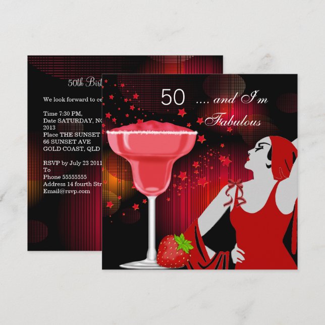 50th Birthday Party Fabulous 50 Diva Red Black Invitation (Front/Back)