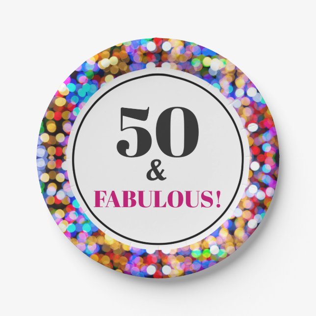 50th Birthday Party Fabulous Festive Bokeh Lights Paper Plate (Front)
