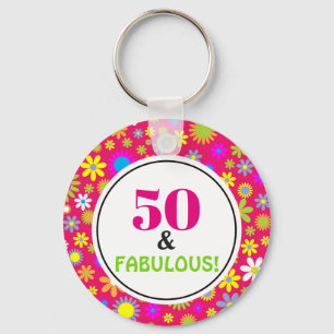 50th Birthday Party Fabulous Pink Vintage Floral Key Ring