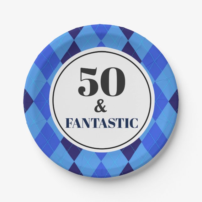 50th Birthday Party Fantastic Mens Blue Paper Plate (Front)
