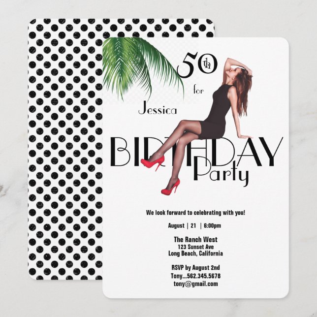 50th Birthday Party Fashion Girl Palm Leaves  Invitation (Front/Back)
