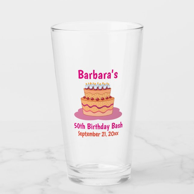 50th Birthday Party Favour Pink Cake Beer Pint Glass (Front)
