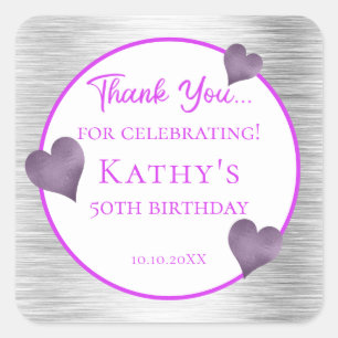 50th Birthday Party Favour Purple and Silver  Square Sticker