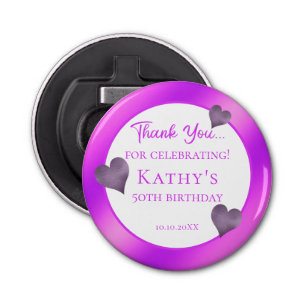 50th Birthday Party Favour Purple Hearts Bottle Opener
